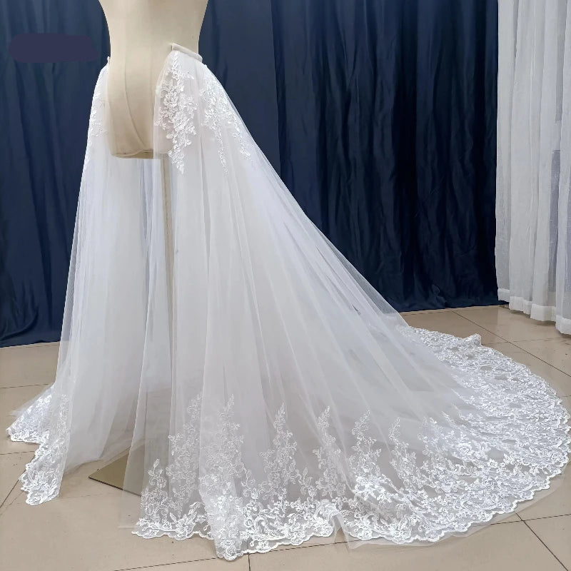 Ivory detachable train for wedding dress, lace edge and layered tulle drape