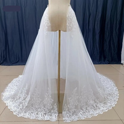 Ivory detachable train for wedding dress, lace hem and sheer tulle skirt panel