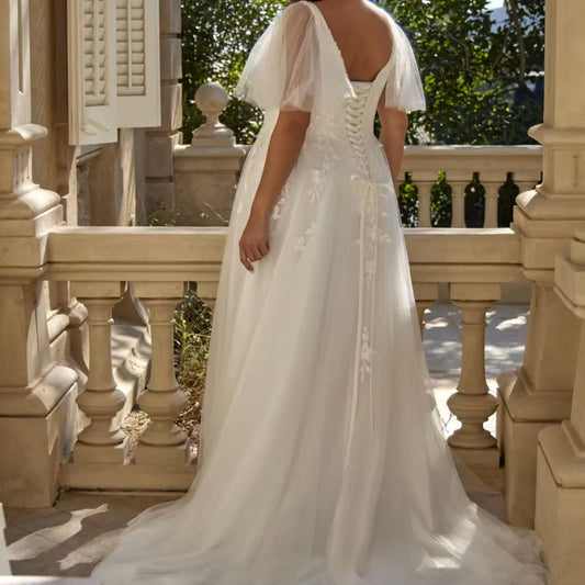 lace up back ivory tulle plus size wedding dress-Formal Elegance