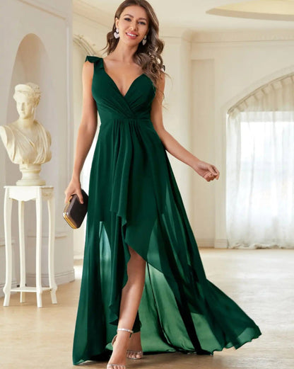 Green A-line high-low chiffon dress with V-neck and gathered waist, sleeveless