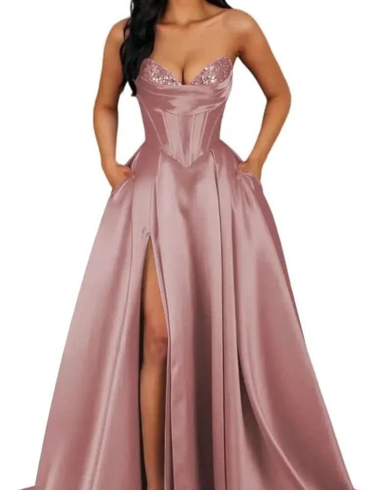 Dusty rose strapless A-line satin dress with sequin bust and thigh-high slit