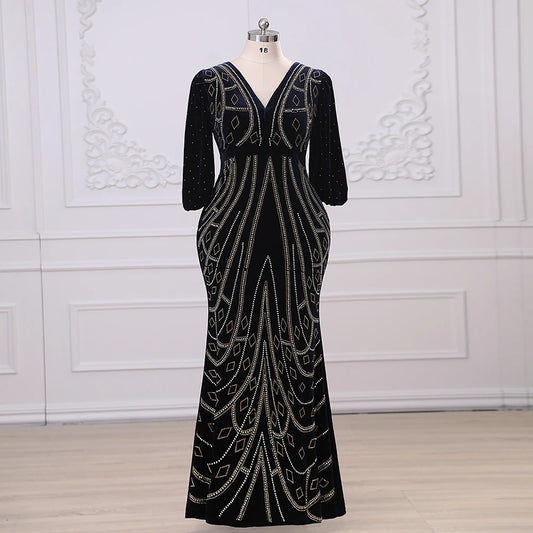 Elegant Navy Velvet Beaded Plus Size Evening Dress