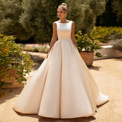 Elegant Champagne Satin Lace Back Wedding Dress