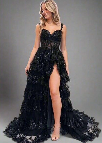 black lace sweetheart neckline floor-length formal gala event dress-formal elegance
