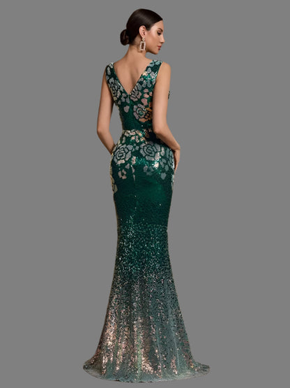 Elegant V-Neck Green Sequins Evening Party Dress