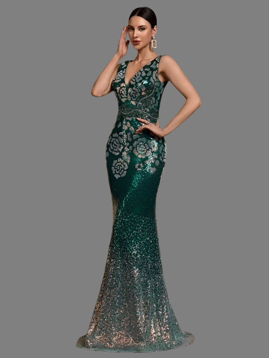 Very elegant v-neckline fitted mermaid silhouette. Two tone dark green and pink floral pattern sequins evening dress 