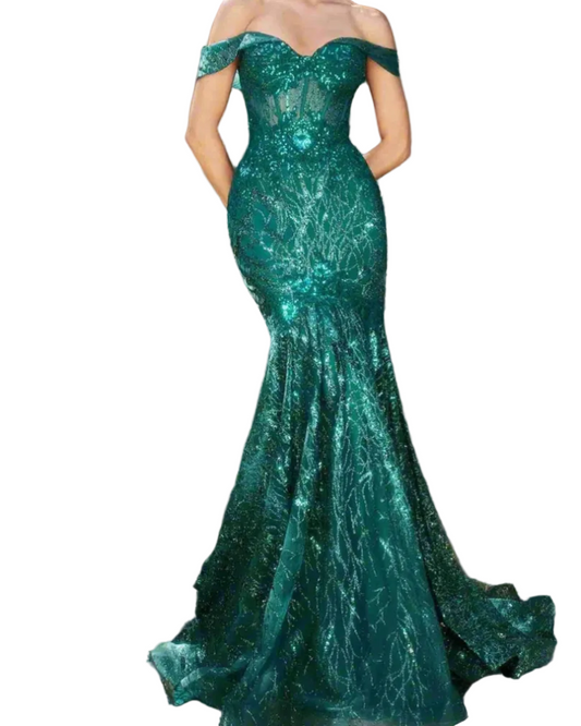 Emerald green off-shoulder sequin mermaid gown with ruffled off-shoulder