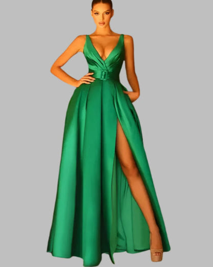 Emerald green satin v-neck evening gown with belted waist and leg slit