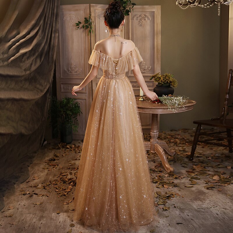 Intriguing Gold Tulle A-Line Evening Dress EV1022