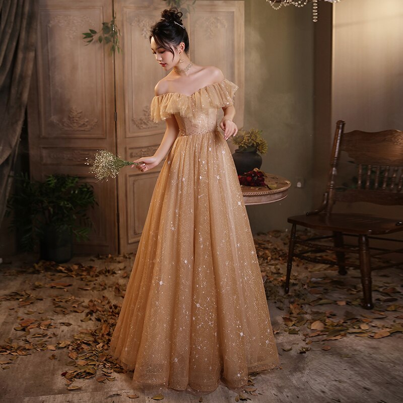 Intriguing Gold Tulle A-Line Evening Dress EV1022