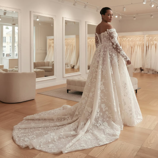 Off-shoulder lace wedding dress with floral lace back and long train, sheer sleeves