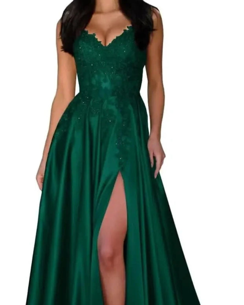 Green satin evening dress with lace V-neck, spaghetti straps, A-line skirt, front slit