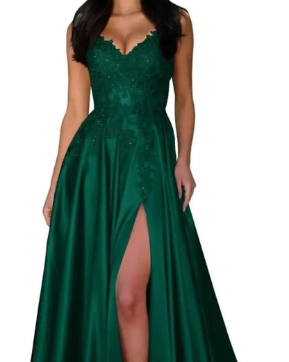 Green satin evening dress with lace V-neck, spaghetti straps, A-line skirt, front slit
