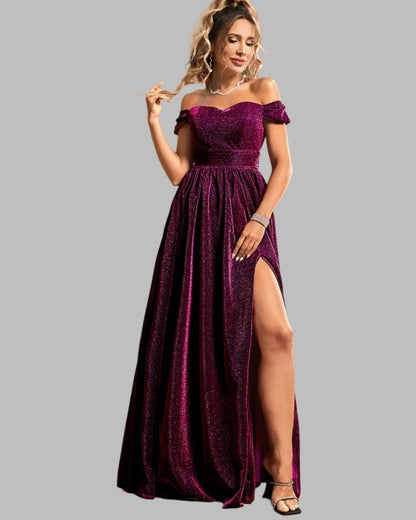 Fuchsia glitter velvet off-shoulder maxi dress with gathered waist and high side slit