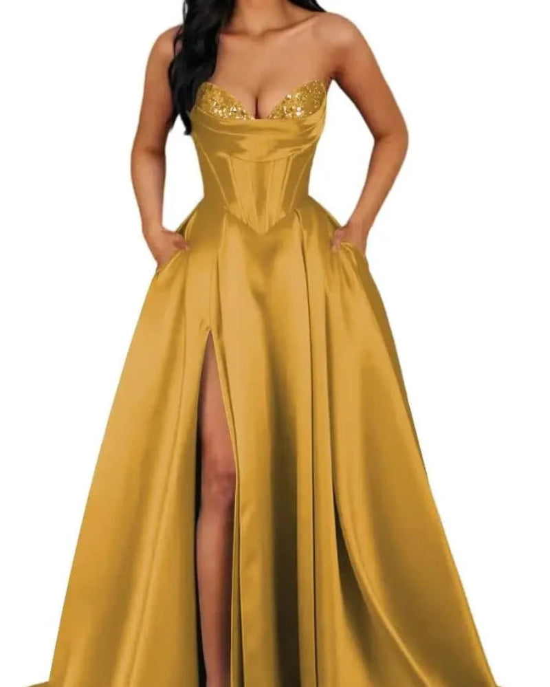 Strapless A-line satin dress with sequin bust and front slit, gold.