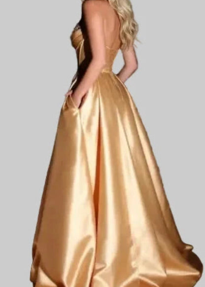 Strapless A-line satin dress with front slit, champagne-gold satin.