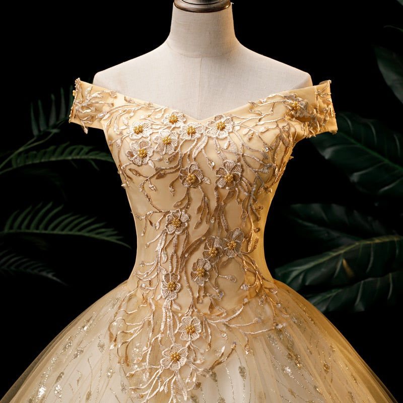 Gold Glitter Luxury Appliques Gala Evening Dress