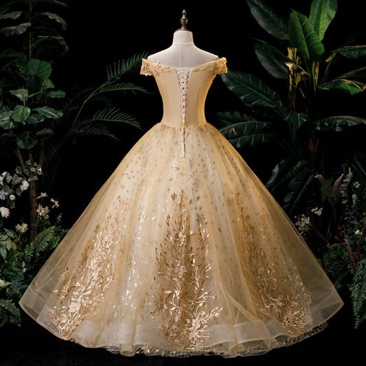 Gold Glitter Luxury Appliques Gala Evening Dress