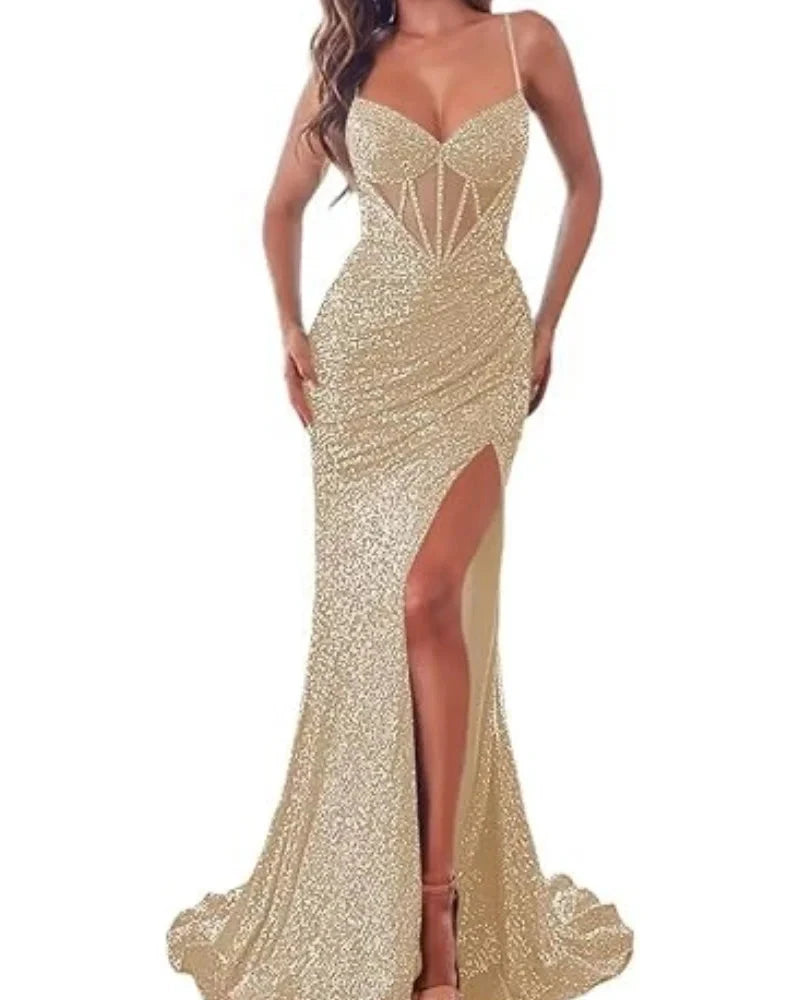 Champagne sequin mermaid spaghetti strap dress with sweetheart neckline and side slit