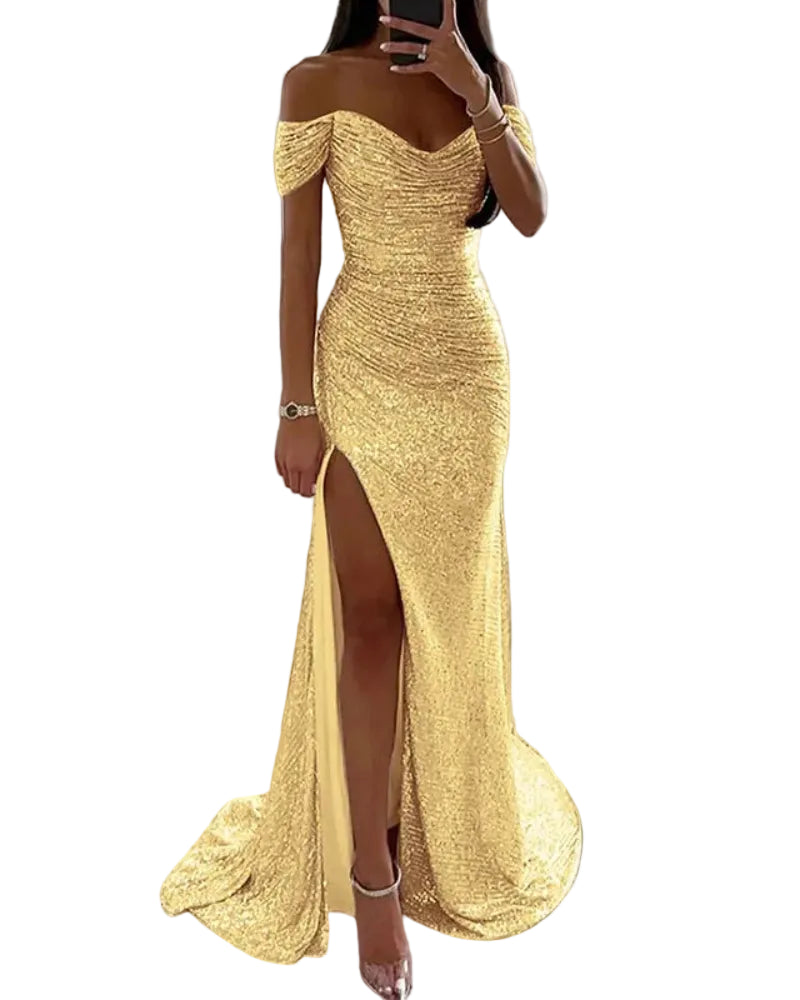 Gold off-shoulder sequin mermaid formal dress with thigh-high front slit