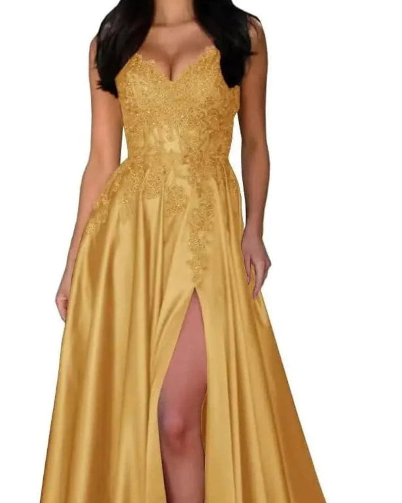 Satin A-line evening dress with lace V-neck and spaghetti straps, front slit, gold