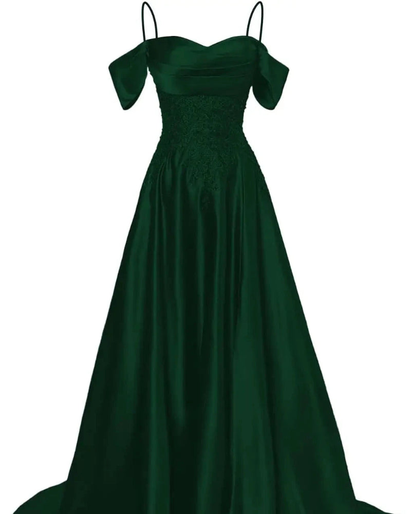 Emerald green satin A-line floor-length dress with beaded bodice and off-shoulder draped sleeves