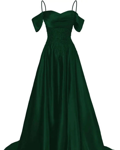 Emerald green satin A-line floor-length dress with beaded bodice and off-shoulder draped sleeves