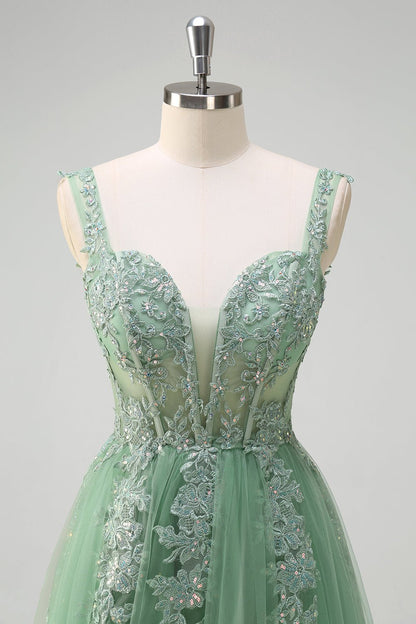 Green lace tulle corset bodice dress with V-neck and wide shoulder straps