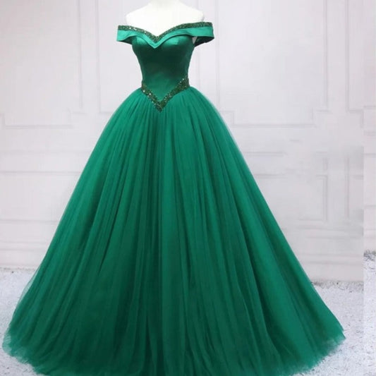 Green Tulle Beaded Off the Shoulder Ball Gown
