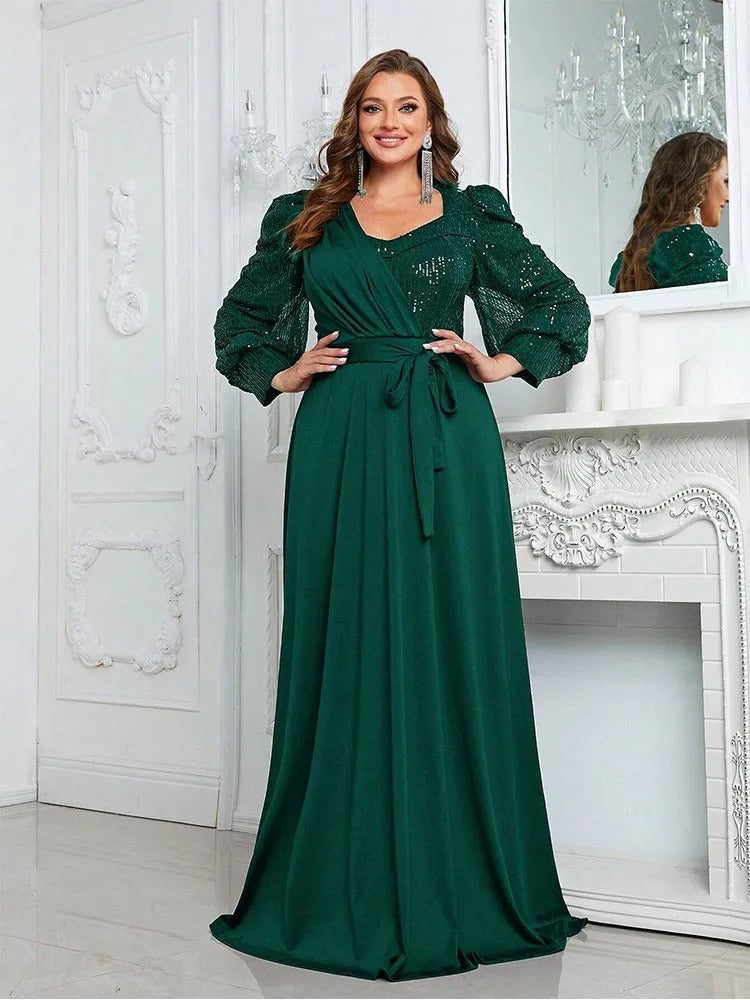 Navy Plus Size V-Neck Long-Sleeved Evening Dresses