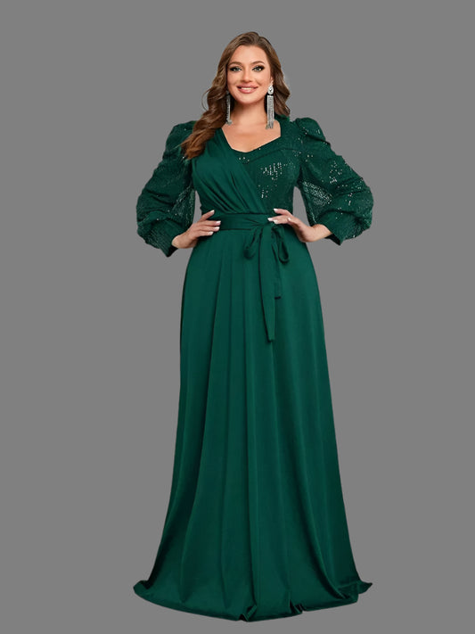 Green sequins bodice long sleeve evening dress-formal elegance