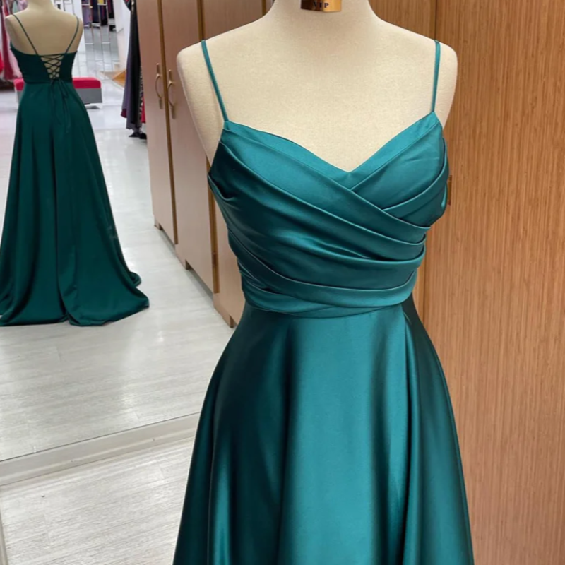 green satin pleated with lace up back evening dress-formal elegance