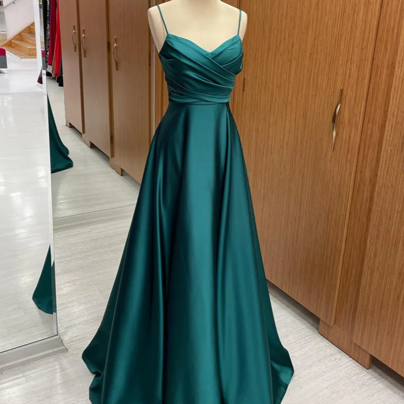 green satin a-line spaghetti straps evening dress-formal elegance