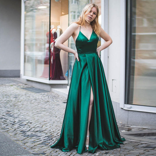 green spagetti straps backless evening dress-formal elegance