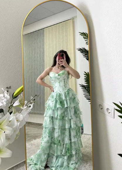Green strapless floral tiered ruffle evening dress with corset bodice