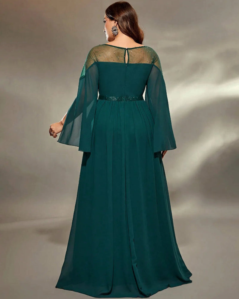 Teal chiffon A-line maxi dress from back with split bell sleeves and keyhole yoke