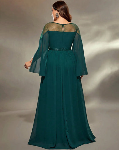 Teal chiffon A-line maxi dress from back with split bell sleeves and keyhole yoke