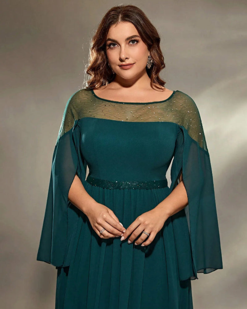 Teal chiffon A-line maxi dress with sheer sparkly yoke and split bell sleeves