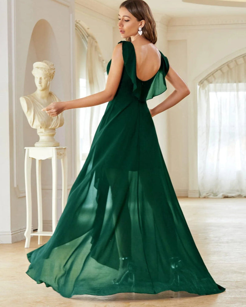 Green A-line high-low chiffon dress, open back with V-neck, flowing asymmetrical hem