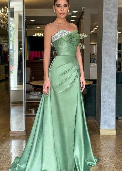 pastel green strapless evening dress also