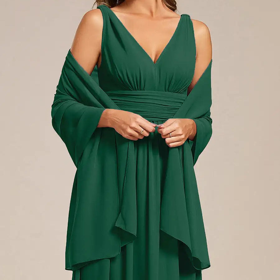 Chiffon shoulder wrap evening shawl in emerald green with draped long sleeves