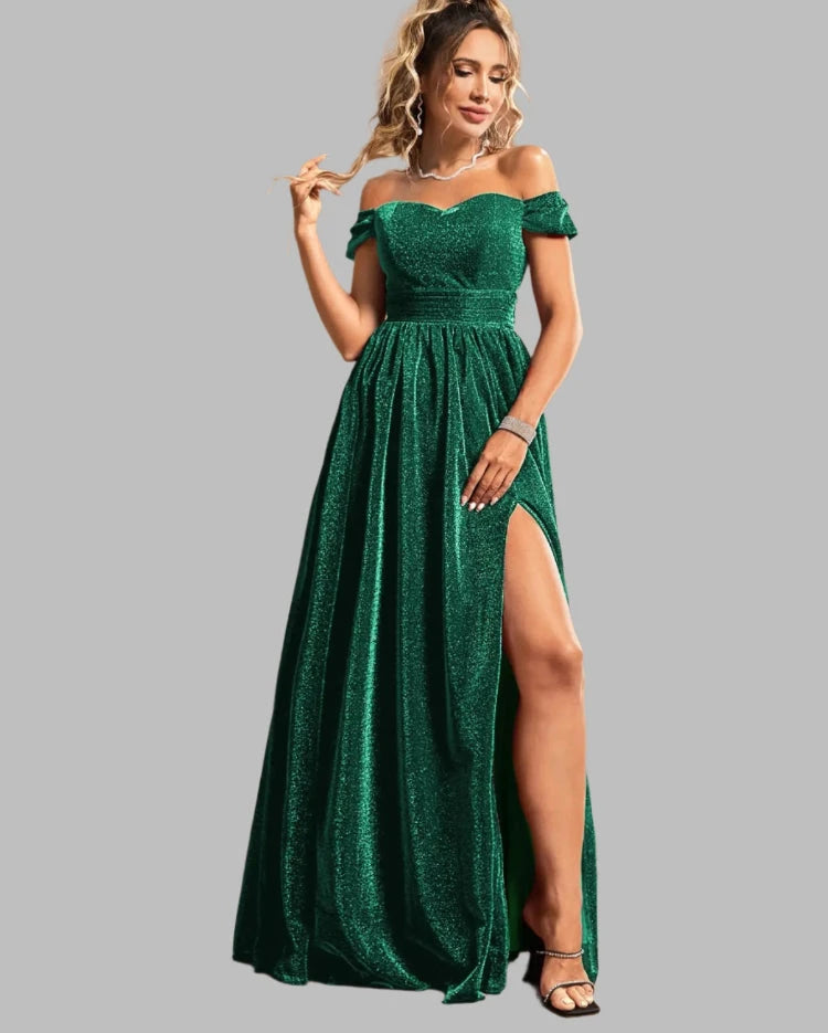 Green glitter velvet off-shoulder maxi dress with gathered waist and high side slit