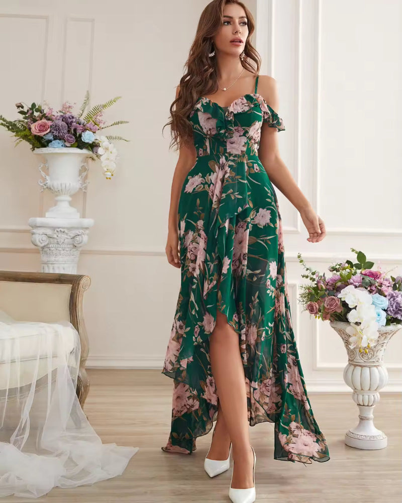 Green floral chiffon dress with off-shoulder ruffle sleeves, high-low hem, front slit.