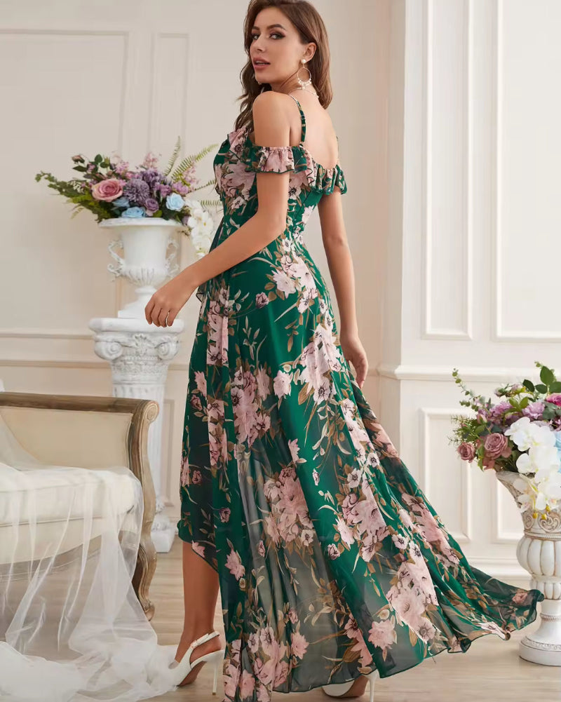 Green floral chiffon off-shoulder dress with ruffled neckline, spaghetti straps, high-low hem.