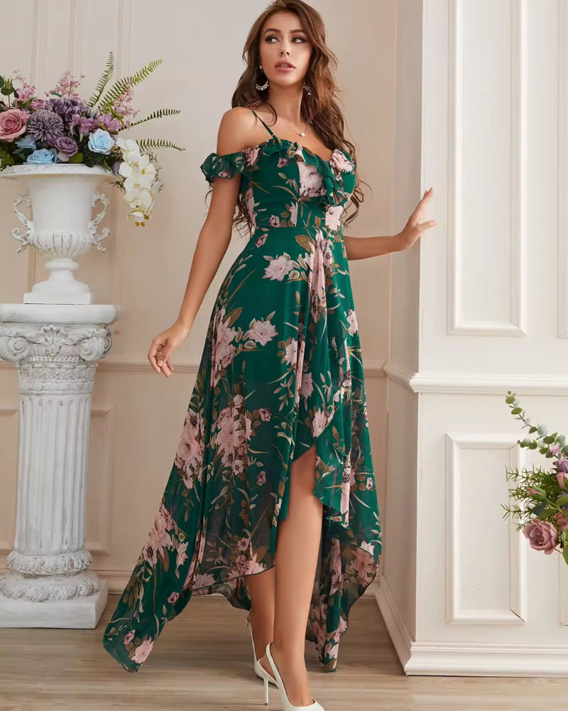 Green floral chiffon high-low dress with off-shoulder ruffle bodice and thigh slit.