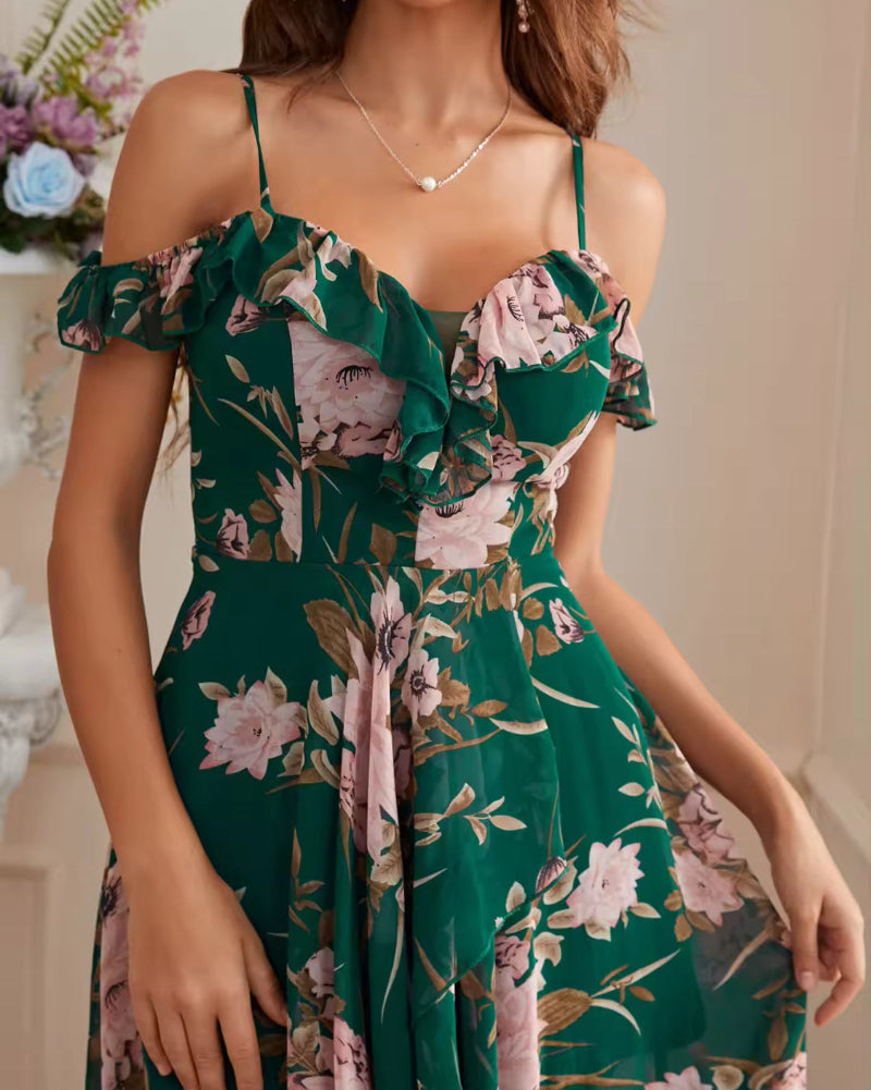 Green floral chiffon dress bodice with off-shoulder ruffle and spaghetti straps.