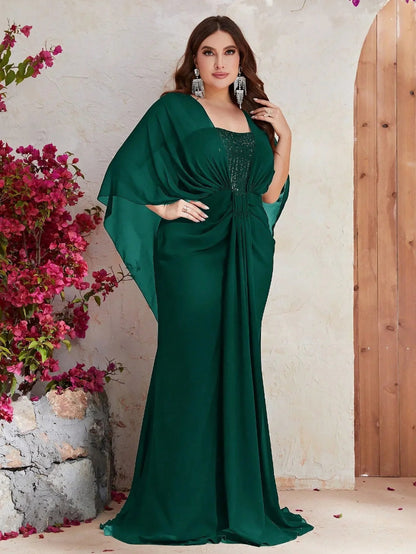 dark green chiffon fabrc with sequins evening dress