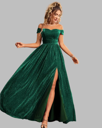 Green glitter velvet off-shoulder maxi dress with pleated skirt and dramatic high slit