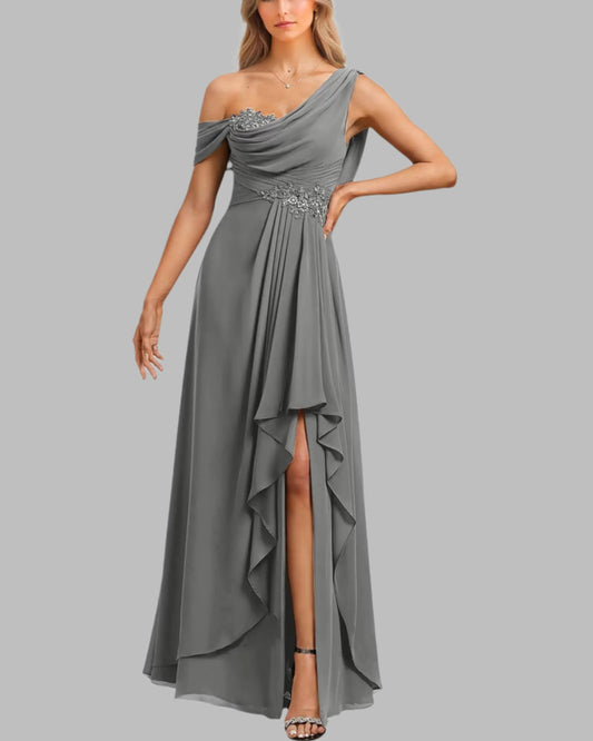 Gray one-shoulder evening gown with embellishments on a white background