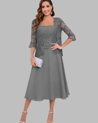 Grey two-piece dress set with lace overlay top and A-line chiffon midi skirt